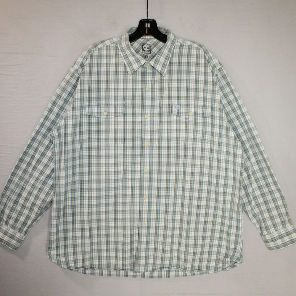 Timberland Shirt Mens XL Green Check Long Sleeve Button Shirt Loose Fit Casual